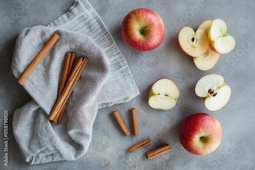 Fresh apples accompanied by cinnamon sticks and a piece of cloth on a rustic table setting