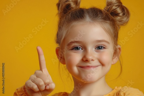 A young girl with her finger up in the air, expressing excitement and triumph