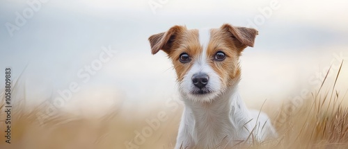  A small, brown-and-white dog stands in a field of tall grass, gazing sadly at the camera