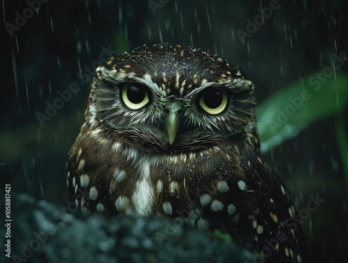 Brown Owl Perched on Tree Branch