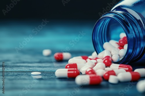 Close up shot of spilled or scattered medication capsules and tablets in various colors against a blue and grey background Concept of healthcare pharmacy prescription drugs drug abuse