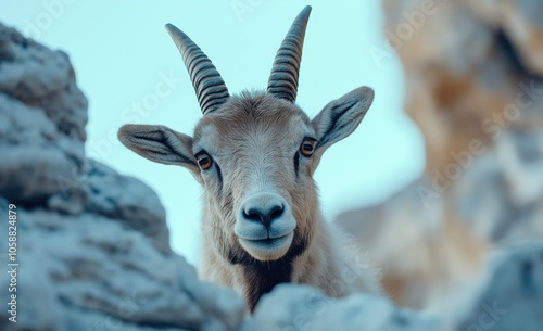 Curious and playful mountain goat with distinctive horns perched on the edge of a rocky cliff face exploring its alpine habitat in a scenic mountain landscape