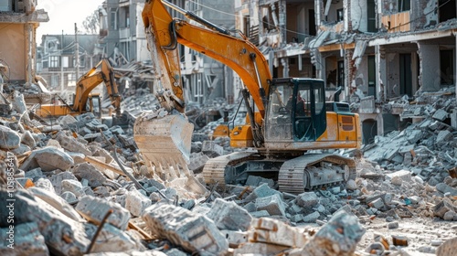 In a small town devastated by a major earthquake, an excavator clears concrete debris, a stark reminder of the catastrophic destruction and extensive property damage.