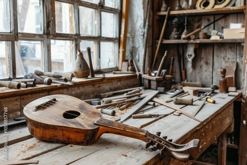 Constructing a balalaika on the workbench in a studio