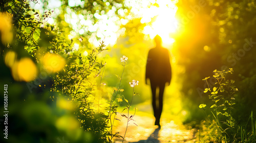 An Inspirational Nature Walk Representing Catharsis and Emotional Renewal Amidst Lush Greenery