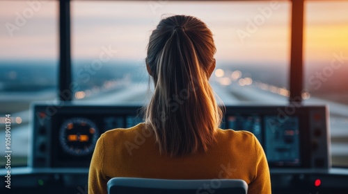 Woman in Airport Control Tower at Sunset