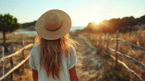 A woman wearing a sun hat strolls along a rural path at sunset, her silhouette framed by golden sunlight, creating a picturesque and serene scene of tranquility.