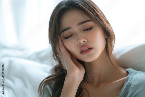 Sore throat in flu season. Young asian woman touching her neck and feeling pain in throat in the bedroom at home, Generative AI