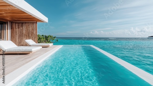 An infinity pool stretches towards an endless ocean horizon, capturing tranquility with clear blue skies, inviting relaxation, and luxury wrapped in nature's embrace.