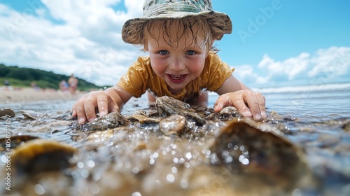 A cheerful child immersed in shallow beach water, wearing a hat, enjoying the endless horizon under a bright blue sky, embodies carefree childhood fun and curiosity.