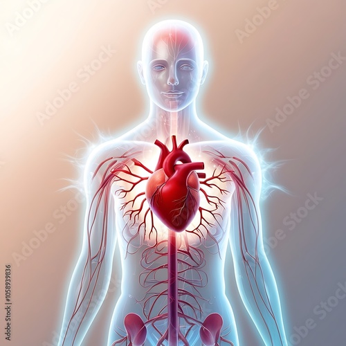 Human Heart Anatomy, A detailed illustration showcases the intricate structure of the human heart, with vibrant red arteries and veins branching throughout the body.