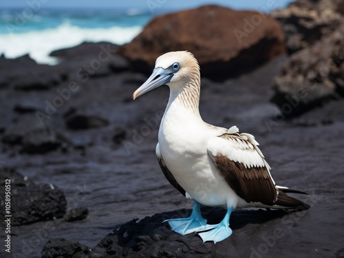 Blue-footed booby standing on volcanic rock in galapagos islands