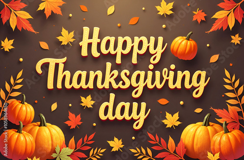 Happy Thanksgiving Day horizontal banner with orange pumpkins and autumn leaves on brown background 