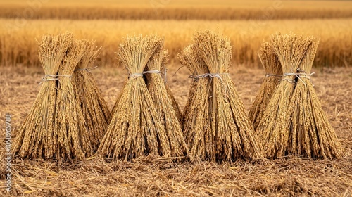 Harvested rice sheaves tied together in a field, ready for drying, rice sheaves, end of harvest