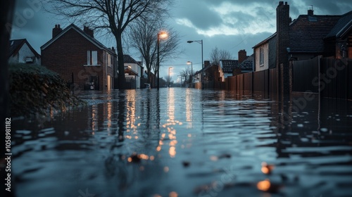 A street in a residential area is completely flooded, with water reflecting the glow of streetlights against a backdrop of dark, stormy skies