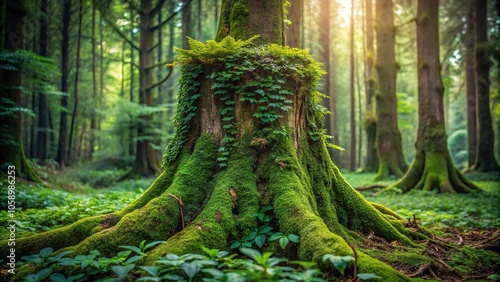 Vines and creepers entwine ancient tree trunks, as moss and ferns carpet the forest floor in emerald tones, wildflowers, wild, trees