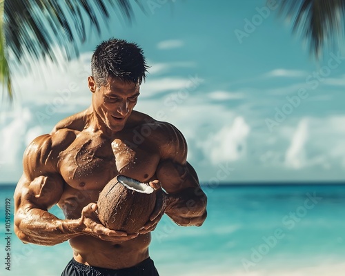 Fit Bodybuilder Breaks Open Coconut for Post Workout Snack on Tropical Beach