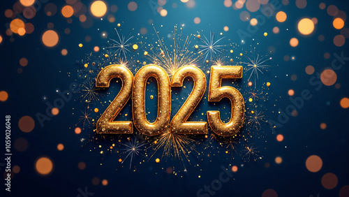 Vibrant 2025 Happy New Year Backdrop: Festive Gold and Blue Design for Marketing and Celebrations