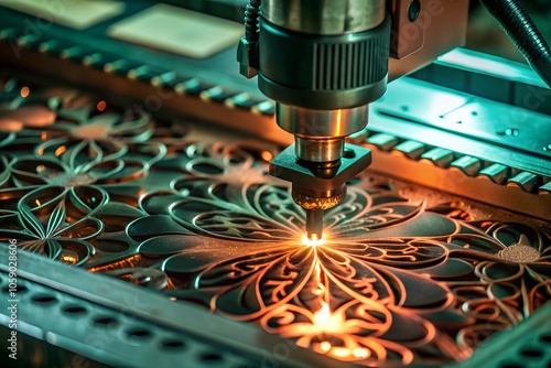 Industrial laser cutting machine engraving detailed floral design on metal. Sparks flying as the machine performs precision work in a manufacturing environment.