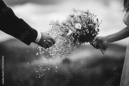 Hands releasing a shared bouquet, the flowers scattering to the wind as the couple turns away from each other