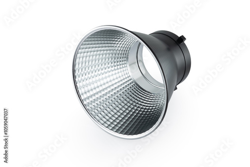 Studio flash lights reflectors on white background. Professional photographer's equipment