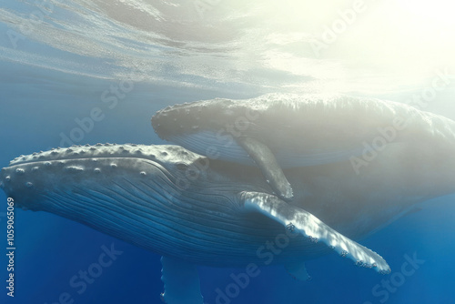 In the deep blue ocean, two humpback whales glide effortlessly, showcasing their majestic bodies under sunlight, epitomizing oceanic grace and beauty.