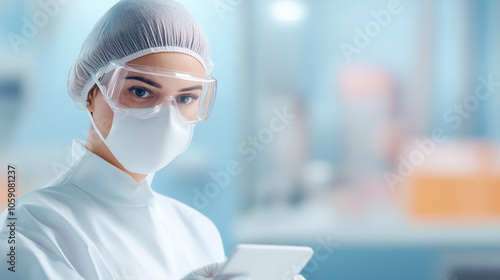  Protective gear-clad inspector scanning for contaminants in a sterile production area, ensuring contamination control,