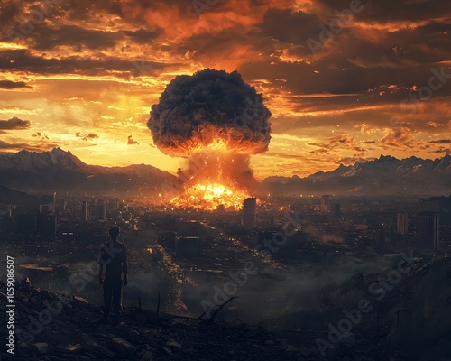 Nuclear Explosion on the Horizon with Devastated Cities and Survivors Watching World s End Concept