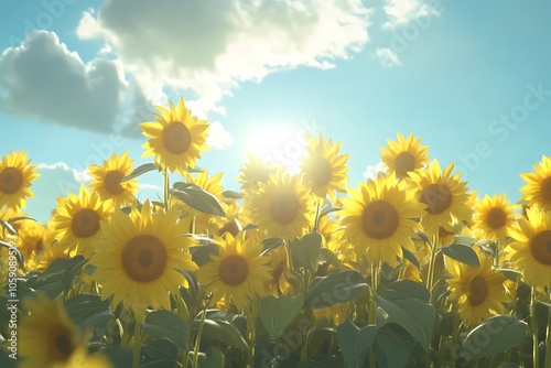 A vibrant field of sunflowers basking in sunlight under a blue sky with fluffy clouds.