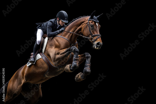 Horse and rider jumping a fence in an equestrian show competition