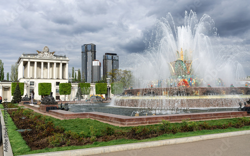 view of the working Stone Flower fountain at the VDNKh exhibition in Moscow