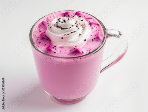 A delightful frappuccino with a pink foamy top and whipped cream garnish.