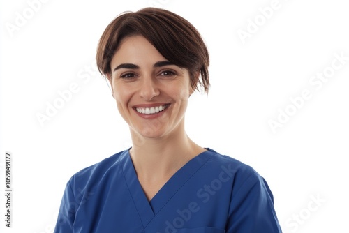 Happy nurse with a smile, wearing professional attire.