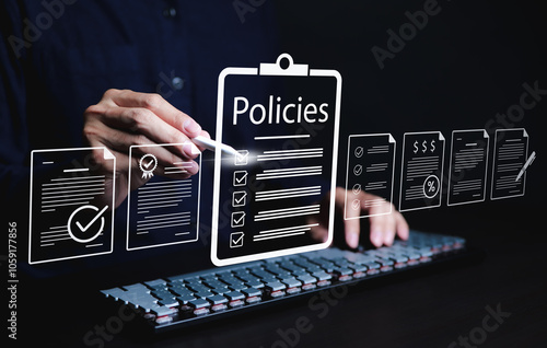 Policy documentation and compliance concept. A person reviews digital document labeled "Policies" with icons, checklists, certifications, and financial detail. policy management, regulatory compliance