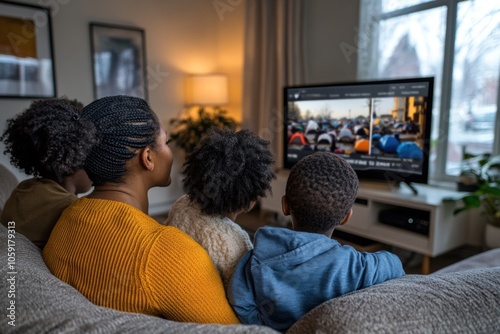 A family sits closely on a cozy sofa watching television, capturing the warmth of family time, shared experiences, and togetherness in a comfortable home setting.