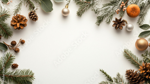 Festive Christmas decorations frame blank space, featuring pinecones, ornaments, and greenery, creating warm and inviting holiday atmosphere