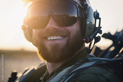 Smiling pilot in helmet during sunset at an airbase