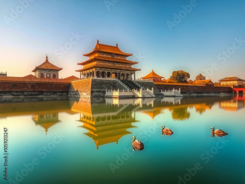 A beautiful city with a large palace and a large body of water. The water is reflecting the palace and the sky. There are ducks swimming in the water