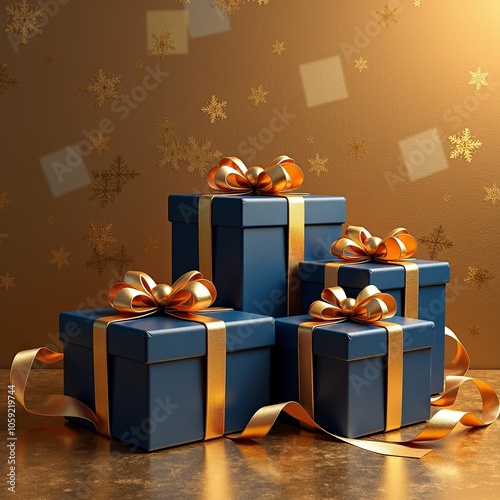 Elegant blue gift boxes with gold ribbons on festive background