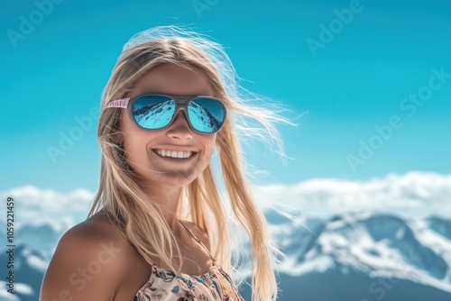 Une belle femme blonde, âgée de 25 ans, en robe d'été souriante, portant des lunettes de protection au sommet d'une montagne avec un ciel bleu en arrière-plan.