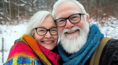 Un couple senior, homme, femme, en hiver, portant des lunettes, souriant, expression de bonheur et d'amour sur les visages.