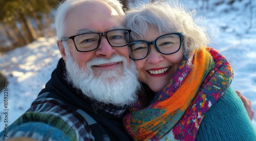 Un couple senior, homme, femme, en hiver, portant des lunettes, souriant, expression de bonheur et d'amour sur les visages.