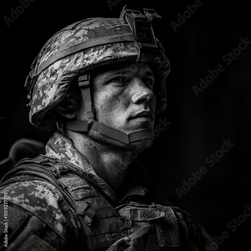 Close-up Portrait of a Soldier in Camouflage with a Determined Look