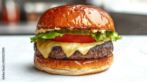 Juicy beef burger with melted cheese, fresh lettuce, and ripe tomato, served on a toasted bun, perfect for gourmet dining and fast food lovers.