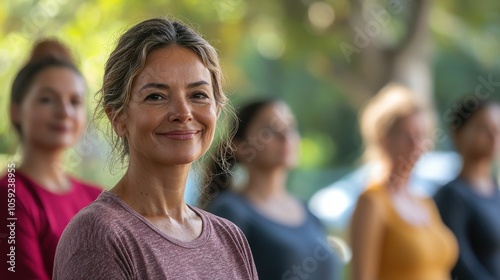 Smiling woman standing in a relaxed outdoor setting with a group, enjoying a peaceful moment together amidst a natural background.