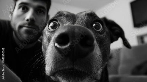 The dog in the photo stares at its owner with a hungry look. It seems like the dog wants something, maybe food. The picture was taken inside the owner's home.