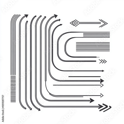 Continually drawn arrows with a white background. For banners, websites, print-outs, templates, or postcards. Minimalism. One line. Modern illustration.