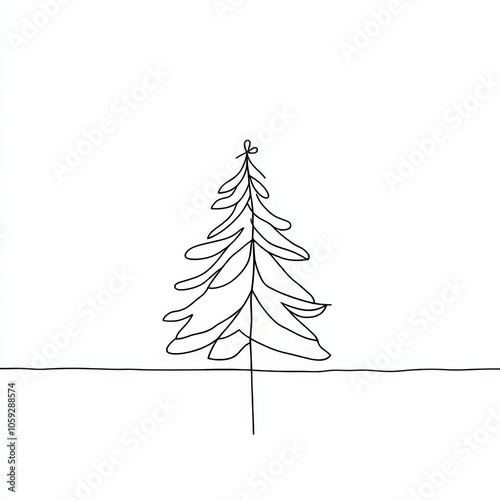 An artful one line illustration of a Christmas tree with a star, garland, and decorations. The Christmas tree is isolated on transparent background in a linear style.