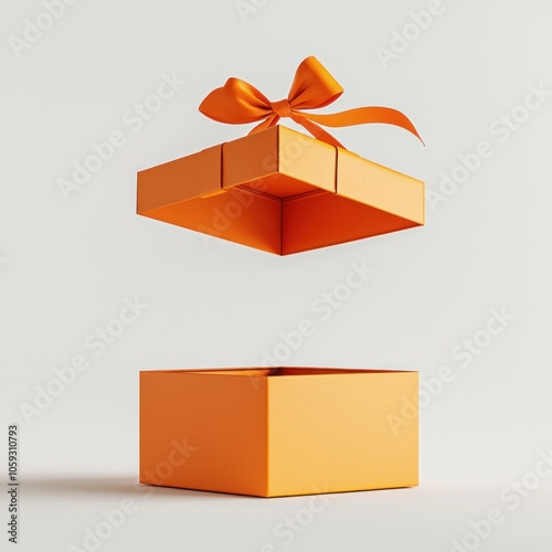 Floating orange gift box with ribbon: creative and minimalist design concept