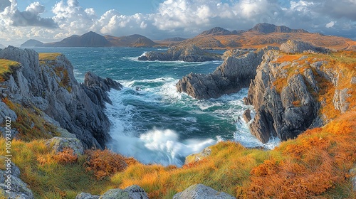 Rocky coast with ocean waves, autumn colors